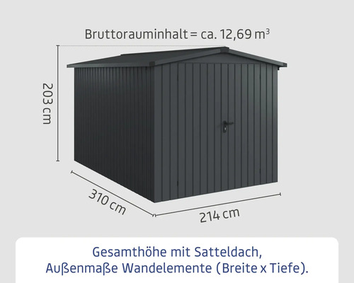 Abmessungen des Gerätehauses mit Satteldach und Außenmaße der Wandelemente.