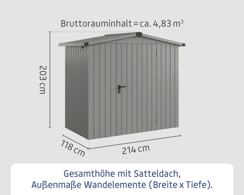 Gartenschuppen aus Metall mit Satteldach und Maßangaben