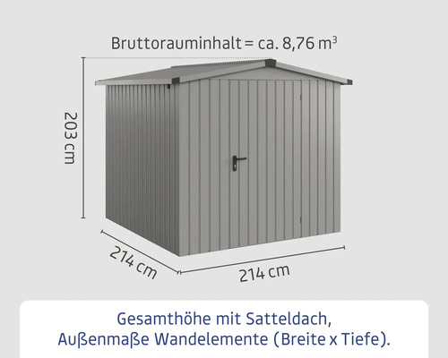 Abmessungen eines Gerätehauses mit Satteldach, Höhe 203 cm, Breite 214 cm, Tiefe 214 cm, Bruttorauminhalt 8,76 Kubikmeter