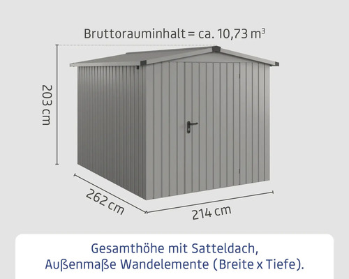 Abmessungen eines Gerätehauses mit Satteldach und einem Bruttorauminhalt von circa 10,73 Kubikmeter.
