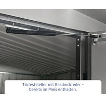 Türfeststeller mit Gasdruckfeder am Metallgartenhaus
