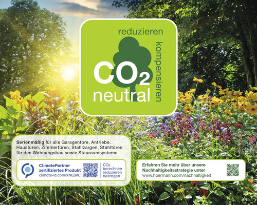 CO2 neutrales Produkt mit Informationen zu Garagentoren, Antrieben, Haustüren und Nachhaltigkeit.