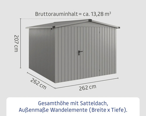Abmessungen des Gerätehauses mit Satteldach: 262 cm breit, 262 cm tief und 207 cm hoch