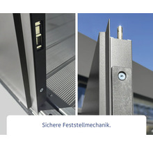 Sichere Feststellmechanik einer Terrassenüberdachung im Detail.
