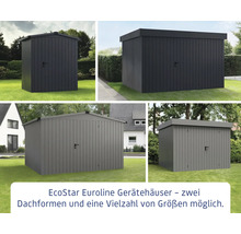 EcoStar Euroline Gerätehäuser mit verschiedenen Dachformen und Größen auf Rasenflächen