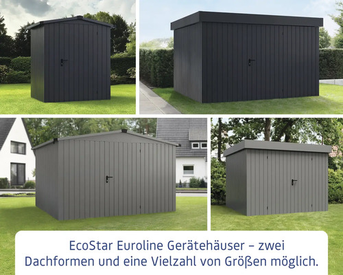 EcoStar Euroline Gerätehäuser mit unterschiedlichen Dachformen und Größen im Garten