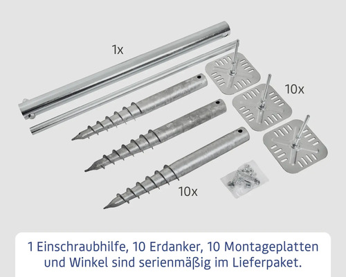 Set mit zehn Erdankern, zehn Montageplatten, einer Einschraubhilfe und Schrauben für die Montage
