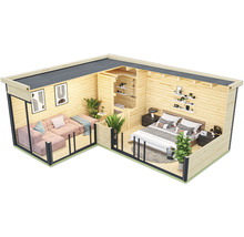 Innenansicht eines Gartenhauses mit Wohnzimmer, Schlafzimmer und Bad