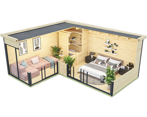 Innenansicht eines Gartenhauses mit Wohnzimmer, Schlafzimmer und Bad