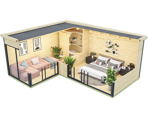 Blockhaus mit Wohnbereich, Schlafzimmer und Dusche