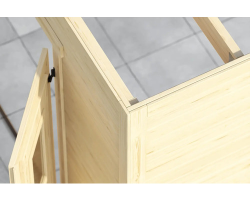 Vue détaillée d'une cabane en bois en construction avec porte et chevrons