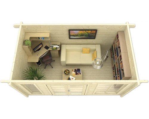 Innenansicht eines Gartenhauses mit Büromöbeln, Sofa und Bücherregal