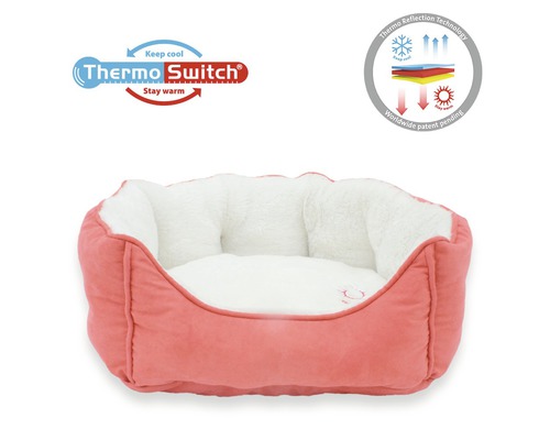 Rosa Hundebett mit Thermo Switch Logo und Thermo Reflection Technology Siegel