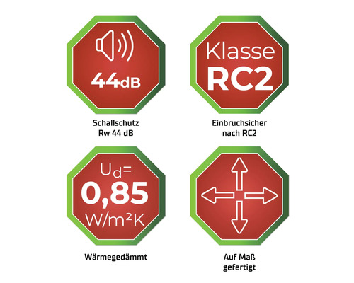 Piktogramme für Schallschutz 44 Dezibel, Klasse RC2 Einbruchsicherheit, Wärmedämmung 0,85 Watt pro Quadratmeter Kelvin, Maßanfertigung