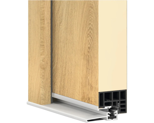 Detailansicht einer Schiebetür mit Holzdekor und Rahmenprofil