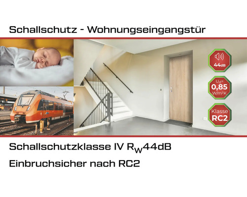 Bildmontage zum Thema Schallschutz für Wohnungseingangstüren, die Ruhe und Sicherheit versprechen.