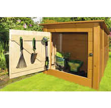 Geöffneter Gartenschrank aus Holz mit Gartengeräten