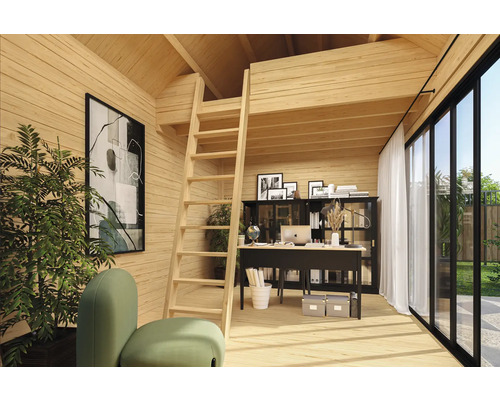 Pièce en bois claire avec lit mezzanine, échelle, bureau et façade vitrée.