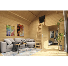 Vue intérieure d'une maison en bois avec coin salon, escalier et chambre