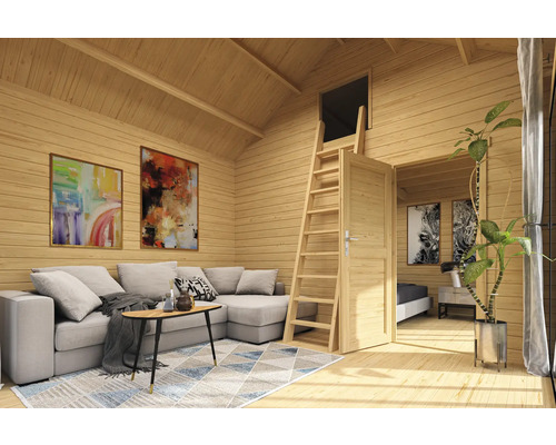 Intérieur de maison en bois avec canapé, échelle et décoration