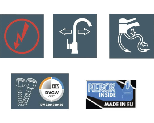 Symbole und Gütesiegel für eine Armatur: Warnung vor elektrischem Schlag, Flexibilität, Anschlussweise, DIN DVGW Zertifikat, Kerox Inside Made in EU