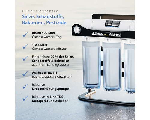 Arka myAqua 400 Installation d''osmose inverse pour le filtrage efficace des sels, des substances nocives, des bactéries et des pesticides