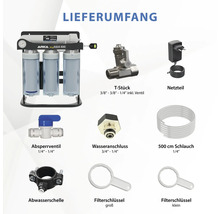 Contenu de la livraison d''un système de filtre à eau avec raccord en T, bloc d''alimentation, vanne d''arrêt, raccord d''eau, tuyau, collier de serrage pour eaux usées et clés de filtre.