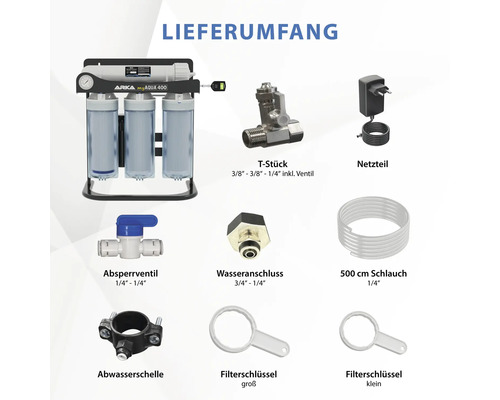 Contenu de la livraison d''un système de filtre à eau avec raccord en T, bloc d''alimentation, vanne d''arrêt, raccord d''eau, tuyau, collier de serrage pour eaux usées et clés de filtre.