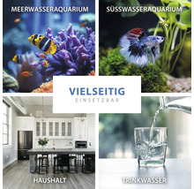 Exemples d''application : aquarium d''eau de mer, aquarium d''eau douce, ménage, eau potable