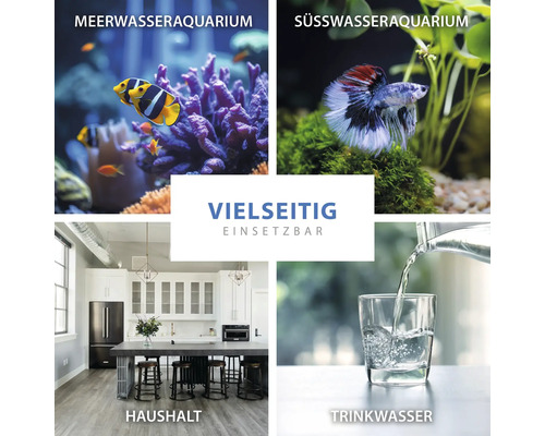 Exemples d''application : aquarium d''eau de mer, aquarium d''eau douce, ménage, eau potable