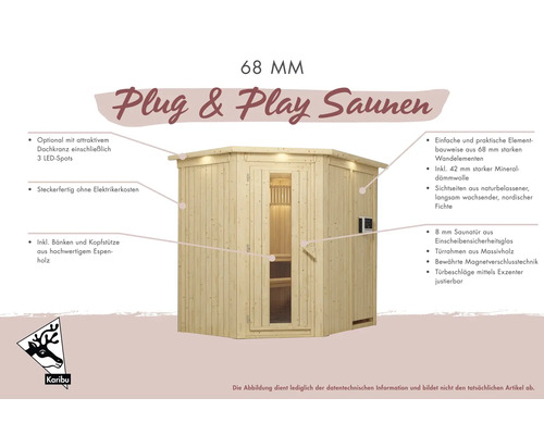 Sauna en éléments de 68 millimètres en épicéa nordique avec porte en verre
