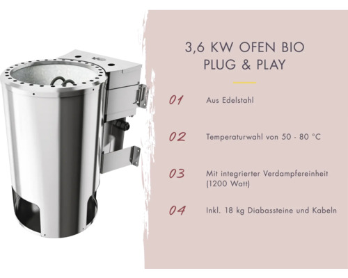 3,6 Kilowatt Saunaofen Bio Plug and Play aus Edelstahl mit Temperaturwahl, integrierter Verdampfereinheit und Diabassteinen