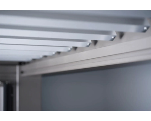 Vue détaillée de l''intérieur d''un abri de jardin avec des supports de toit en métal