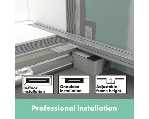 Bodenebene Dusche mit Ablauf, verschiedenen Installationsarten und verstellbarer Rahmenhöhe.