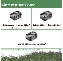 CityMower 18V-32-300 avec batterie 4.0 Ah, 5.0 Ah et 6.0 Ah pour des surfaces de gazon jusqu''à 200, 250 et 300 mètres carrés