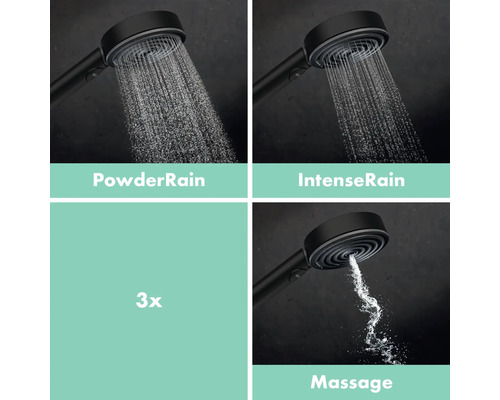 Handbrause mit drei Strahlarten: PowderRain, IntenseRain und Massage