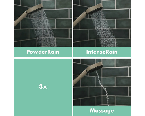 Handbrause mit verschiedenen Strahlarten: PowderRain, IntenseRain und Massage