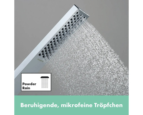 Rechteckige Handbrause mit Powder Rain Strahlart im Betrieb