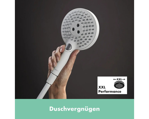 Handbrause in der Hand mit XXL Performance Symbol