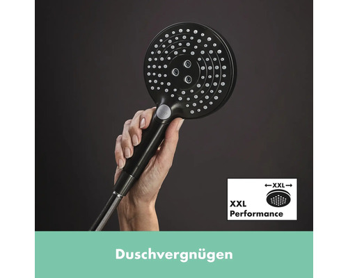 Handbrause in der Hand mit XXL-Performance Symbol