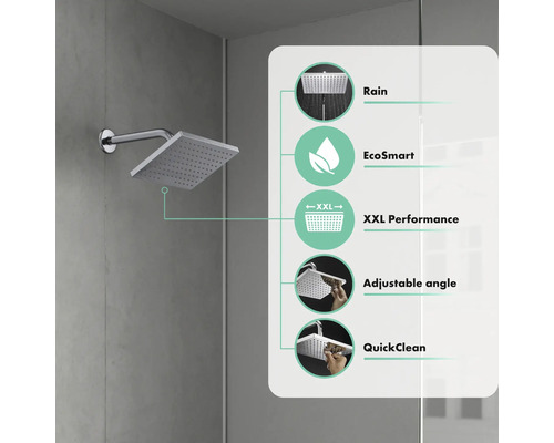 Brausekopf mit Regendusche, EcoSmart Funktion, XXL Performance, verstellbarem Winkel und QuickClean Funktion.