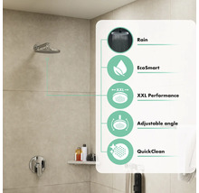 Duschkopf mit den Eigenschaften Regen, EcoSmart, XXL-Leistung, verstellbarer Winkel und QuickClean.