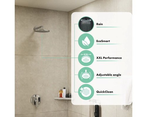 Duschkopf mit den Eigenschaften Regen, EcoSmart, XXL-Leistung, verstellbarer Winkel und QuickClean.