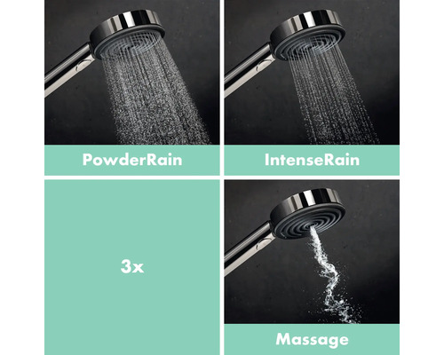 Brausekopf mit drei Strahlarten: PowderRain, IntenseRain und Massage