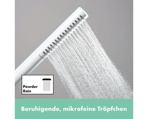 Hansgrohe Logo. Handbrause mit PowderRain Strahlart im Betrieb.