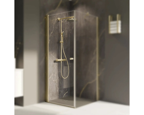 Porte de douche pour paroi latérale avec porte pivotante BREUER Elana 2.0 ronde 80 cm profilé gold verre transparent tirant gauche Porte de douche pour paroi latérale avec porte pivotante BREUER Elana 2.0 ronde 80 cm profilé gold verre transparent tirant gauche