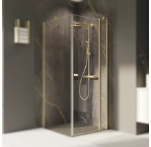 Cabine de douche avec système de douche et porte battante devant un mur en marbre foncé