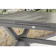 Vue détaillée d''une table de jardin extensible avec structure en bois et cadre en métal, ainsi que le logo Destiny.