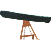 Detailansicht einer Schaukel mit Holzrahmen und grünem Überzug.