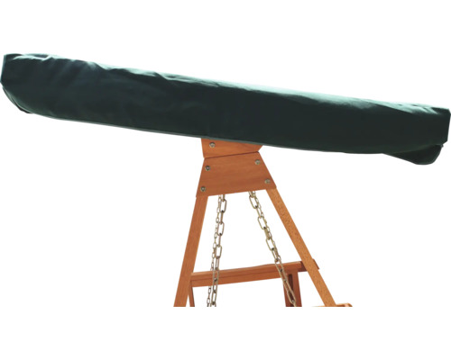 Detailansicht einer Schaukel mit Holzrahmen und grünem Überzug.